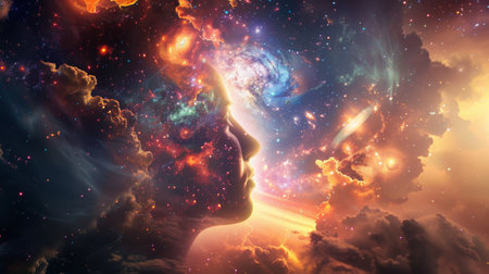 A human silhouette merges with the mesmerizing beauty of a stellar nebula, embodying the concept of the universe within us.の素材