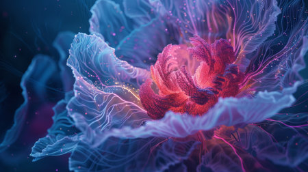 Digital art capturing the essence of an abstract flower reminiscent of neon coral, blooming vividly in an undersea-like environment.の素材
