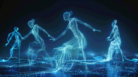 Abstract representation of dancers made of glowing particles, showcasing a blend of human movement and digital art in a virtual space.の素材