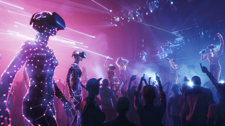 A high-energy futuristic party scene, illuminated by the glow of holographic dancers among an ecstatic crowd.の素材