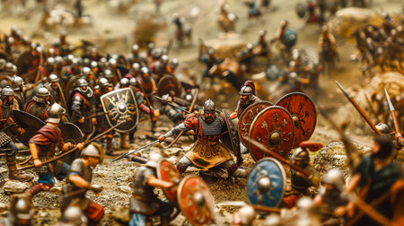 Detailed miniature figures depict an intense clash between ancient warriors, fully armed with shields and swords in battle.の素材