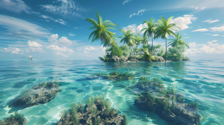 Tranquil blue waters surround a small tropical island with lush palm trees, with a sailboat drifting in the serene sea in the background.の素材