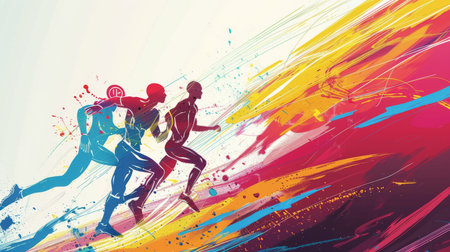 Abstract illustration of runners in motion with a vibrant explosion of color splatters, capturing movement and energy.の素材