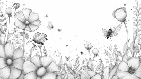 Pencil drawing of various flowers and insects in a detailed monochrome style, perfect for coloring books or wall art.の素材