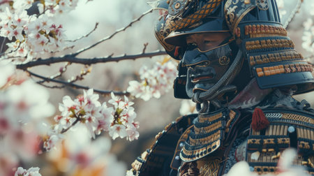 A stoic samurai in traditional armor stands contemplatively under the delicate pink cherry blossoms, embodying the spirit of Bushido.の素材