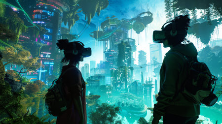 Two explorers with virtual reality goggles stand in awe as they experience a lush, futuristic cityscape teeming with life and advanced technology.の素材