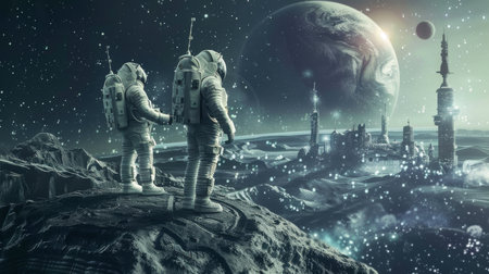 Two astronauts stand on the lunar surface, observing Earth in the vast expanse of space, with a futuristic moon base in the background.の素材