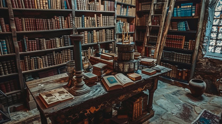 An old-world library filled with shelves of antique books, a classic reading table, and a wooden ladder, invoking a sense of historical knowledge.の素材