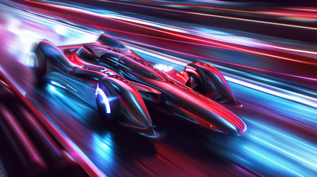 A futuristic racing vehicle dashes forward, enveloped in dynamic streaks of neon light, creating a sense of extreme speed and technology.の素材