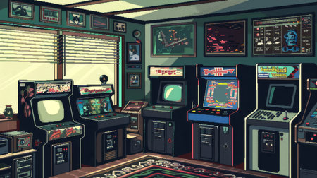 A cozy home arcade setup exudes comfort and nostalgia, featuring a collection of classic gaming cabinets and vintage decor for the ultimate retro experience.の素材