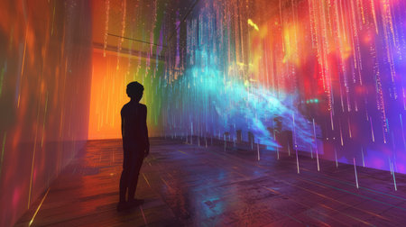 Silhouetted figure standing mesmerized by a dynamic and colorful light installation, creating a spectrum of illumination in a dark space.の素材