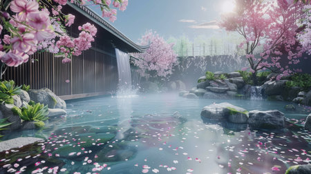 A serene Japanese onsen bath surrounded by flourishing cherry blossoms and tranquil rocks, embodying a peaceful retreat in nature.の素材