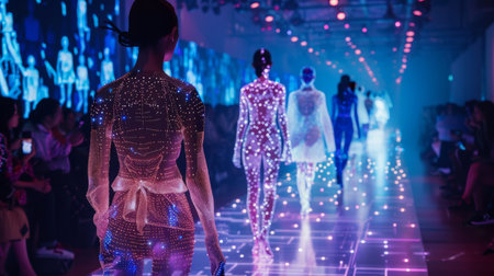 Models showcasing futuristic illuminated dresses on a fashion runway, with an audience captivated by the dazzling display.の素材