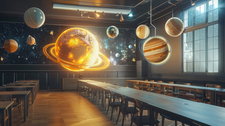An empty classroom is transformed into an interactive learning space with an augmented reality display of the solar system, planets orbiting in mid-air.の素材