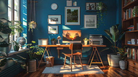 Cozy home office with teal walls, vibrant houseplants, wooden desk, and inspiring wall art creating a serene workspace.の素材