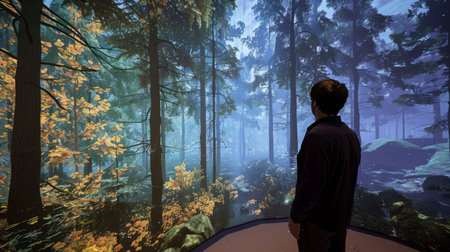 An individual stands immersed in a virtual reality simulation of a dense, sunlit forest, highlighting an immersive digital nature experience.の素材