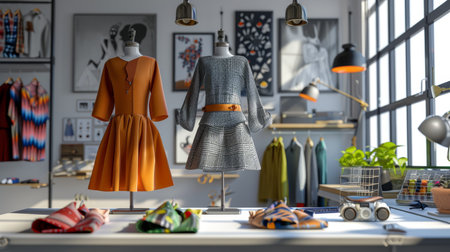 Two mannequins in a bright fashion design studio showcasing stylish dresses with accessories and sewing items on the table.の素材