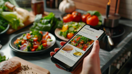 Hand holding a smartphone with a recipe on screen, surrounded by fresh salad ingredients and kitchenware.の素材