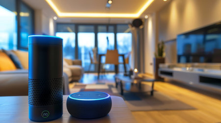 Two smart speakers placed on a wooden table in the cozy ambiance of a contemporary living room at dusk.の素材