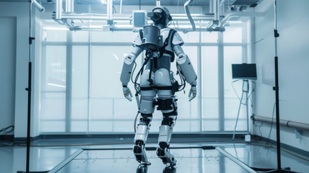 Rear view of a humanoid robot undergoing testing and calibration in a controlled laboratory setting with technical equipment.の素材