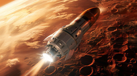 A spacecraft with engines firing is depicted approaching the Martian surface, ready for a historic landing on the Red Planet.の素材