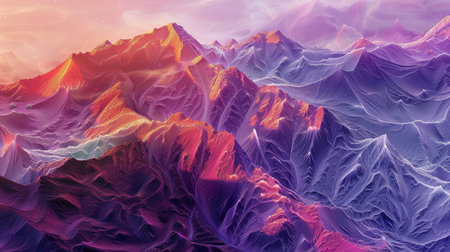 Digital artwork of a mountain range bathed in neon colors, showcasing a fusion of natural forms with a futuristic, digital aesthetic.の素材