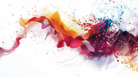 A stunning visual explosion of dynamic abstract color waves, blending vibrant hues with fluid motion to create an impactful artwork.の素材