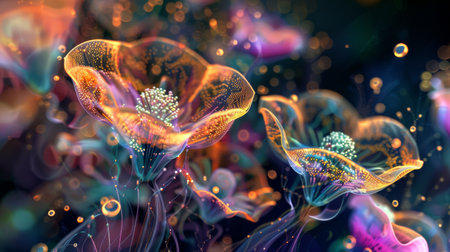 Digital art presenting ethereal jellyfish with neon glows and sparkling tendrils, floating in an otherworldly underwater dreamscape.の素材