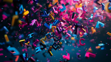 A dynamic 3D rendering of assorted colorful letters suspended in a dark space, creating a playful and creative atmosphere.の素材