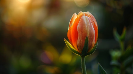 Close-up of an orange tulip bud illuminated by a soft, warm sunlight with a bokeh background, highlighting its delicate textures.の素材