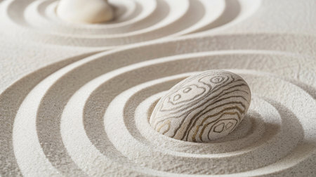 Patterned zen stone lies within the precise concentric sand waves of a peaceful Japanese rock garden, evoking mindfulness.の素材