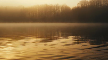 Early morning mist hovers over a serene lake with a golden sunrise reflecting off the water's surface.の素材