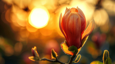 A single magnolia flower in full bloom, silhouetted against the radiant golden light of a setting sun with a bokeh effect in the background.の素材