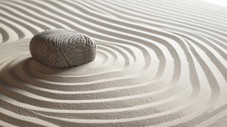 A single zen stone centered on meticulously raked sand, creating a harmonious pattern symbolizing tranquility and balance.の素材