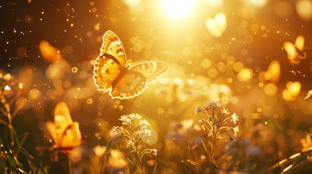 A butterfly flutters among wildflowers, bathed in the golden light of sunset, with a dreamy bokeh effect enhancing the magical atmosphere.の素材