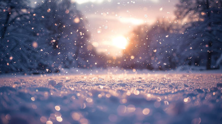 A magical winter scene as the sun sets, casting a warm glow over a landscape blanketed in snow, with delicate snowflakes falling.の素材