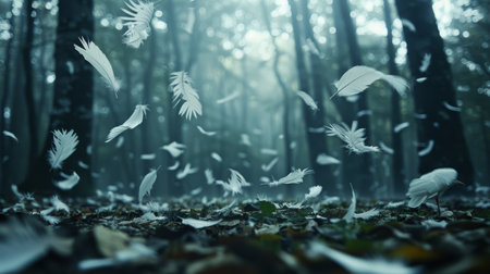 Whimsical white feathers float through a mystical forest, creating an ethereal scene with a hazy, magical atmosphere.の素材