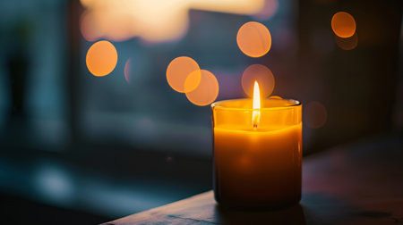 A single candle burns brightly on a table, its warm glow casting a soft light against a bokeh background, creating a cozy atmosphere.の素材
