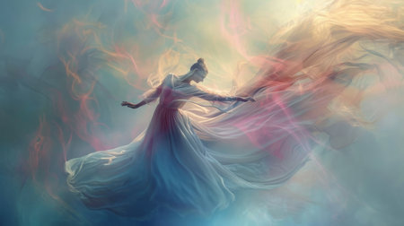 A stunning visual of a dancer in motion, her ethereal dress flowing around her in a dance of vibrant colors and light.の素材