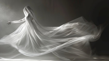 An evocative, monochrome image capturing a mysterious figure enveloped in billowing white fabric, suggesting movement and grace.の素材