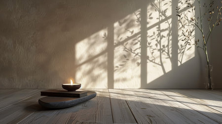 Warm candlelight on a serene afternoon, casting delicate tree shadow patterns across a wooden floor in a peaceful room.の素材