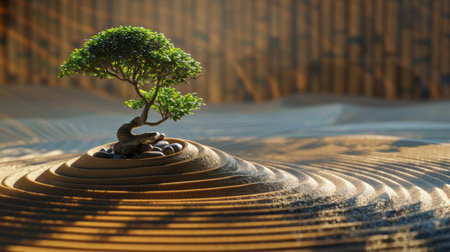 A miniature bonsai tree standing atop a meticulously raked zen garden, creating a pattern of sand waves in soft sunlight.の素材