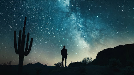 A lone observer stands silhouetted against the grandeur of the Milky Way, surrounded by the iconic shapes of desert cacti under the starry night sky.の素材