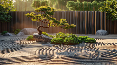 Golden sunlight filters through a serene Zen garden highlighting an elegant bonsai tree and meticulously raked sand patterns.の素材