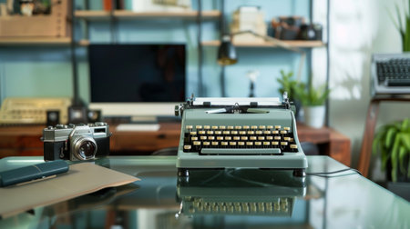 A vintage typewriter and classic camera are artfully displayed on a glass-topped modern desk in a creative workspace.の素材