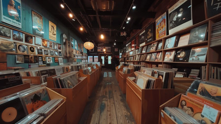 The inviting interior of a cozy record shop, lined with an extensive and varied collection of vinyl records, evoking a sense of musical exploration.の素材