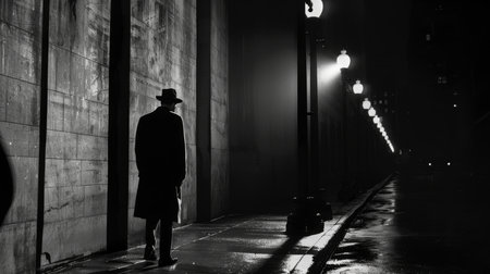 Photo for Monochrome image of a lone man in a fedora and trench coat on a wet, reflective street, illuminated by streetlights in a classic noir setting. - Royalty Free Image