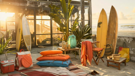 A serene beachside surf shack at sunset, complete with surfboards, a cozy seating area, and vibrant beach gear, ready for the evening waves.の素材