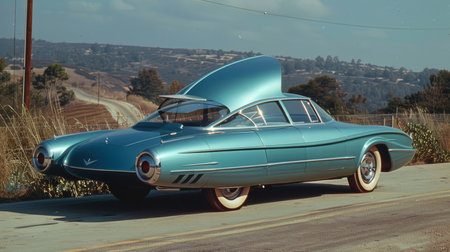 A classic teal futuristic concept car with a unique design parked on a country road with scenic hills in the background.の素材