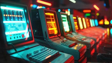 A vibrant room filled with rows of retro-styled computer mainframes under neon lights, reminiscent of classic sci-fi aesthetics.の素材